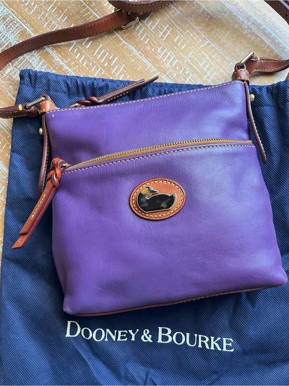 Dooney & Bourke Purple Leather Crossbody with Brown Trim and strap